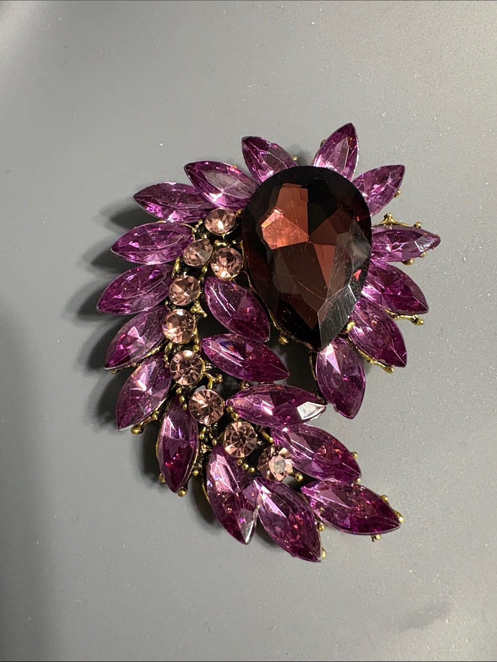 Large Purple & Pink Rhinestone Teardrop Brooch - Elegant Women's Jewelry